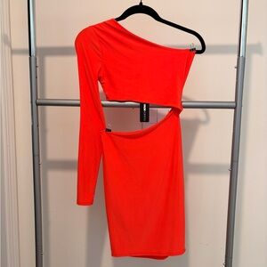 Fashion Nova One-Shoulder Dress in Vibrant Orange